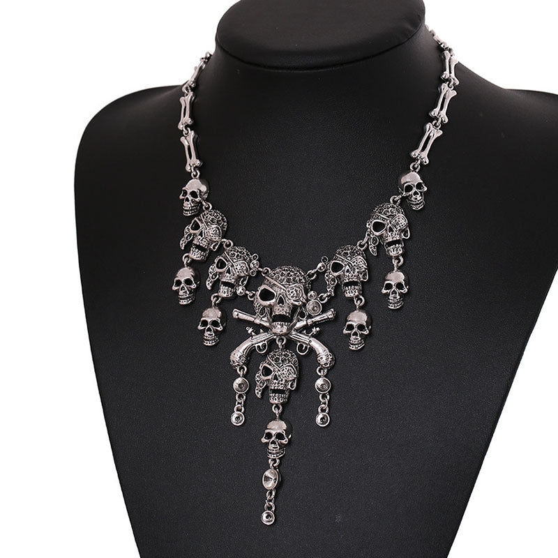 Wholesale Retro exaggerated multi-layer skull and ghost head tassel necklace